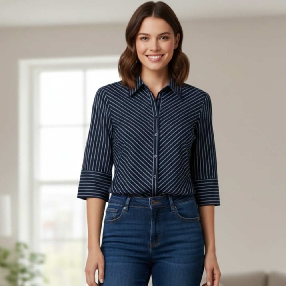 DCC Missy Stretch Navy Black White Chevron Stripe Button Down Shirt Small